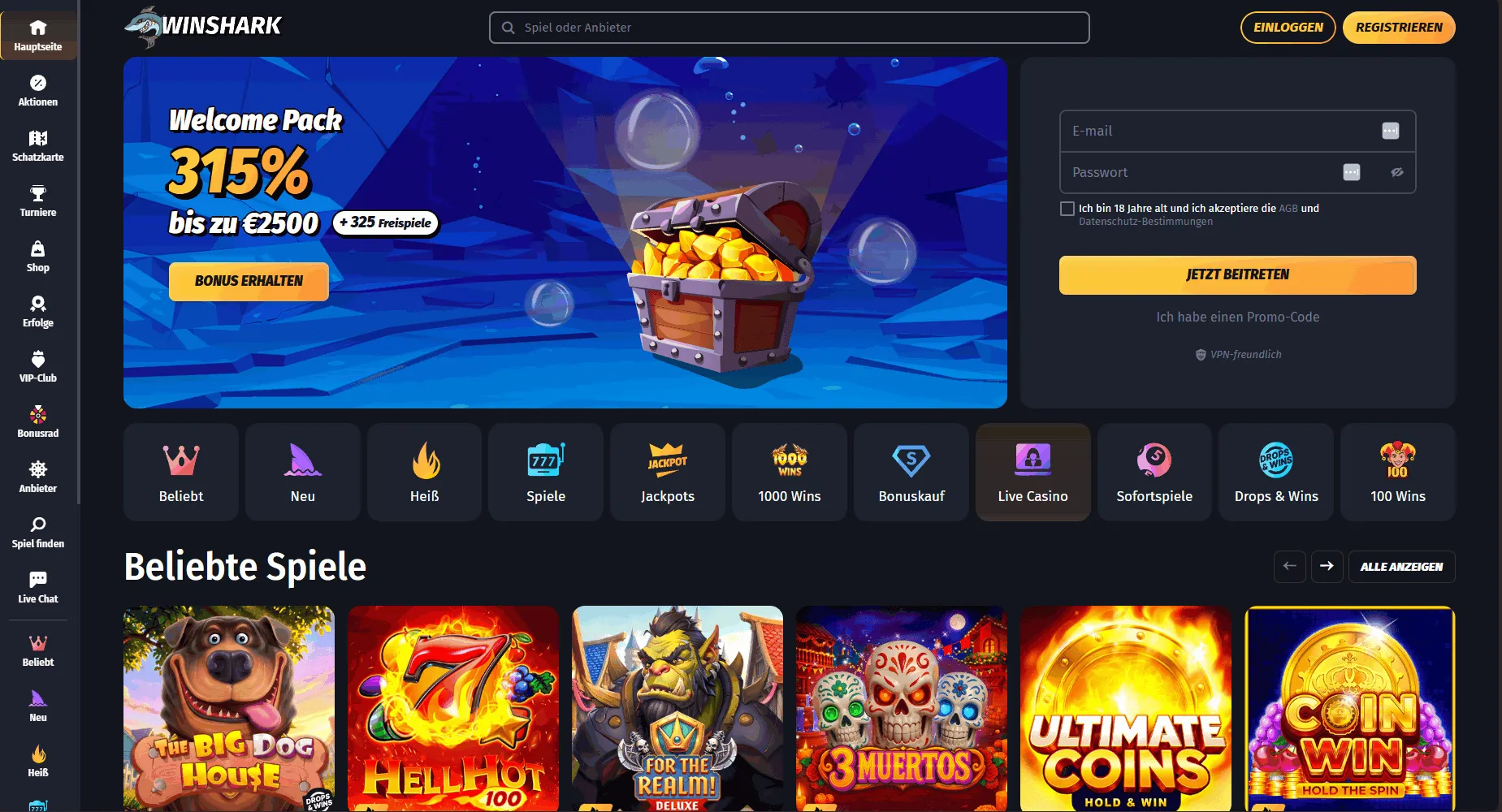 Winshark Online Casino ohne Verifizierung